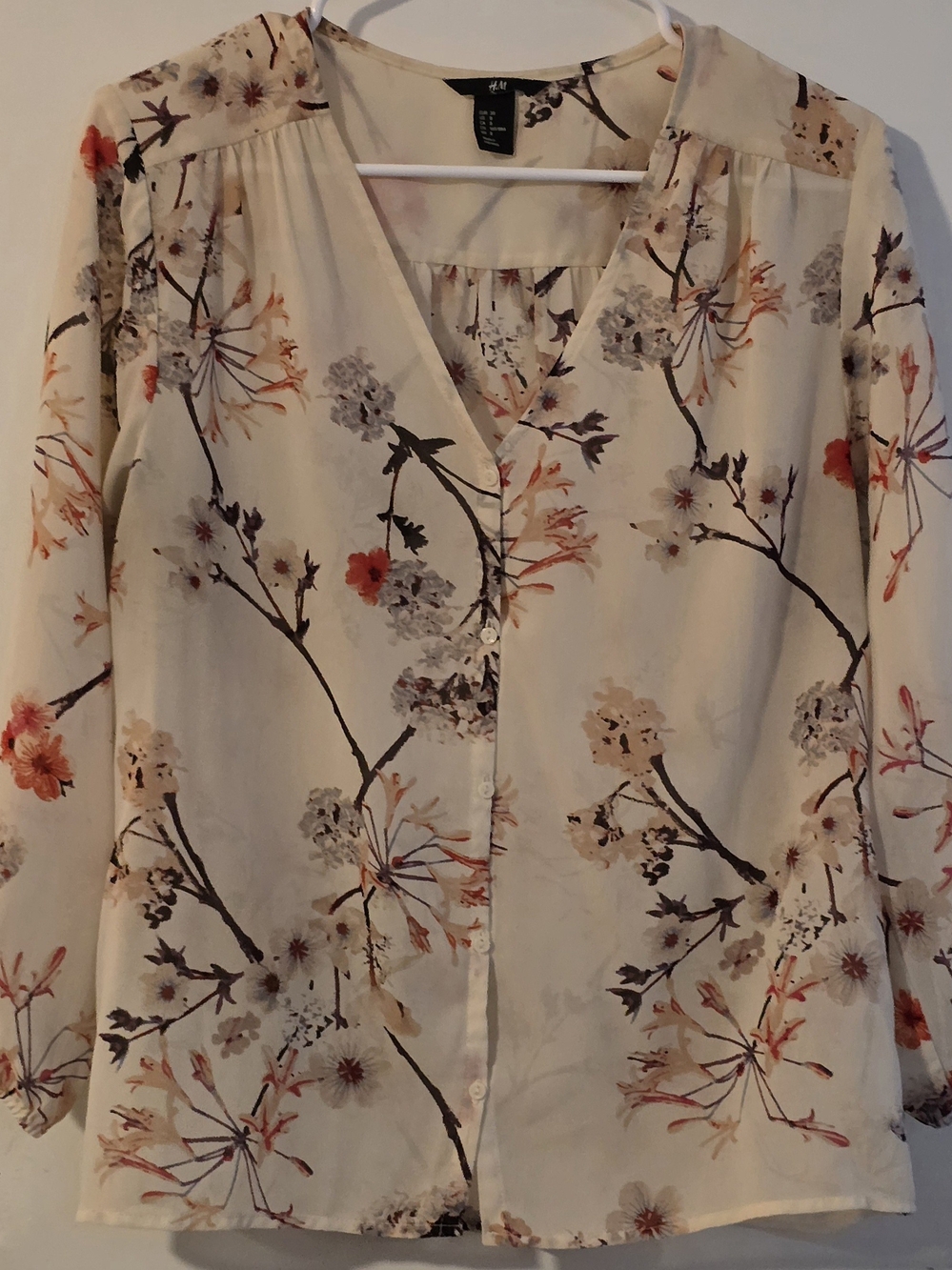 H&M Cream Floral V-Neck Button-Up Blouse with Orange and Tan Accents
